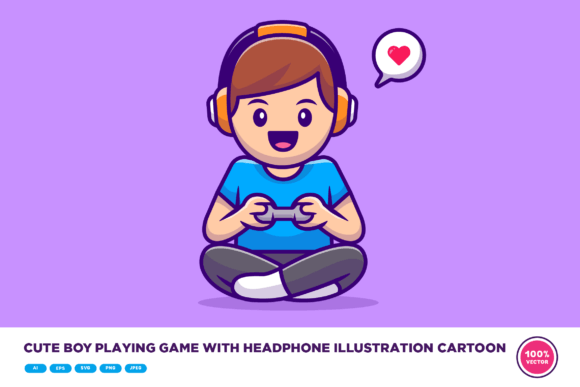 Cute Boy Playing Game Graphics & Illustrations